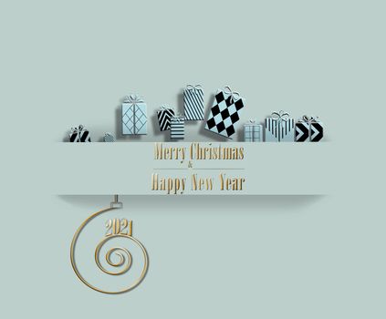 Elegant luxury contemporary Merry Christmas Happy New Year card with black gift boxes, shiny 2021 on golden spiral and text Merry Christmas and Happy New Year on pastel background. 3D illustration