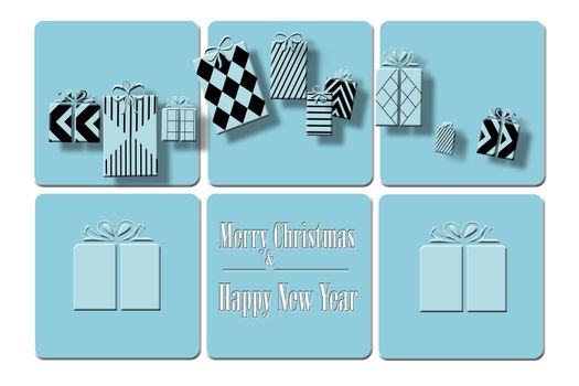 Christmas and New Year gift boxes with text Merry Christmas and Happy New Year on light blue turquoise trendy background shape in squares. Luxury modern style festive card, copy space. 3D illustration