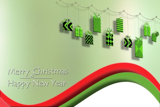 Beautiful hanging Christmas gift boxes on green red background with text Merry Christmas and Happy New Year. 3D Illustration. Copy space, stylish banner, poster, greeting card