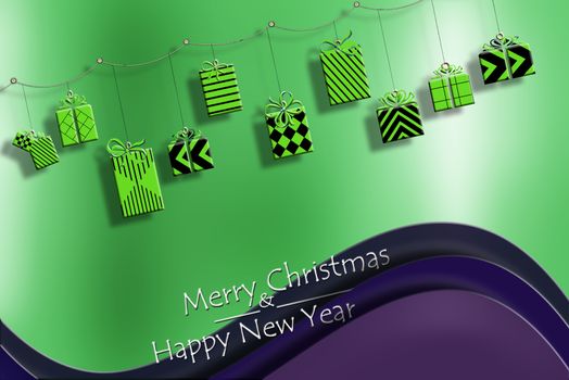Christmas background with hanging gift boxes. Luxury neon trendy modern defocus background. Text Merry Christmas and Happy New Year. 3D illustration