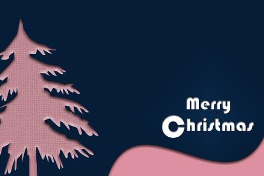Contemporary stylish modern Christmas card in blue pink scandinavian trendy colours with tree and text Merry Christmas. Minimal template design for greeting cards, banner, marketing. 3D illustration