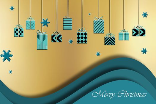 Beautiful luxury hanging Christmas turquoise blue gift boxes with snowflakes on golden bronze backgroundwith text Merry Christmas. 3D Illustration. Copy space, stylish banner, poster, greeting card