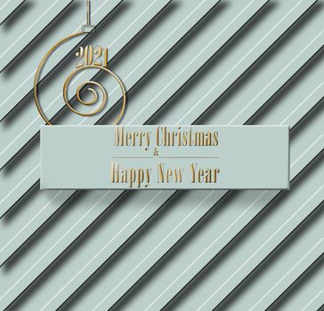 Elegant luxury minimalist 2021 Merry Christmas and Happy New Year card in pastel green colour with golden text, stripes and golden spiral with 2021. 3D Illustration