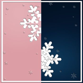 Minimalist Christmas Poster Template in dark blue, trendy pink Color with white snowflakes. Strict, Luxury, Elegant, Modern Style. 3D illustration