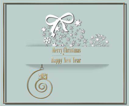 Elegant luxury 2021 Merry Christmas Happy New Year card in pastel green colour with golden white black snowflakes in shape of gift box, golden frame and shiny 2021 on golden spiral. 3D Illustration