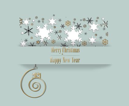 Elegant luxury 2021 Merry Christmas and Happy New Year card in pastel green colour with golden white black snowflakes in shape of gift box and shiny 2021 on golden spiral. 3D Illustration