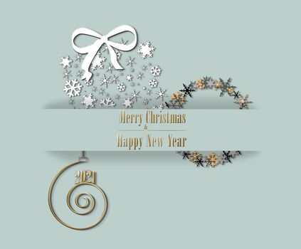 Elegant luxury 2021 Merry Christmas and Happy New Year card in pastel green colour with golden white black snowflakes in shape of gift box and shiny 2021 on golden spiral. 3D Illustration