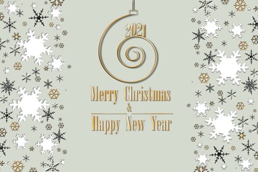 Trendy pastel green antique gold winter background with snowflakes, shiny 2021 spiral ball, text Merry Christmas and Happy New Year. Festive elegant cards, holiday banner. Copy space. 3D illustration