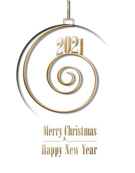 Luxury elegant 2021 Christmas greeting card. Golden shiny 2021 spiral ball shape on white background, text Merry Christmas, Happy New Year. Mock up, banner, invitation, business card. 3D illustration