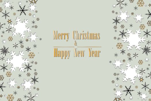 Trendy pastel green pistachio winter background with silver gold white black snowflake and text Merry Christmas and Happy New Year. Festive elegant pattern, holiday banner. Copy space. 3D illustration