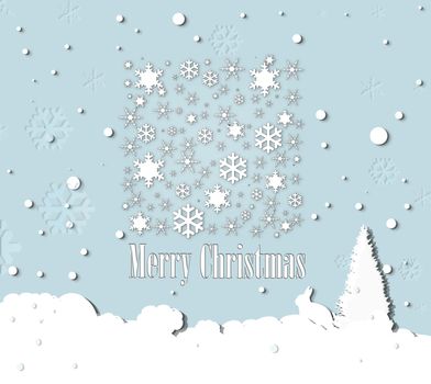 Blue Christmas background with snowflakes, snow, rabbit and Christmas tree. Text Merry Christmas. Xmas elegant card. 3D illustration.