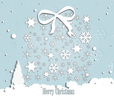 Blue Christmas background with snowflakes, snow and Christmas tree. Text Merry Christmas. Xmas elegant card. 3D illustration.