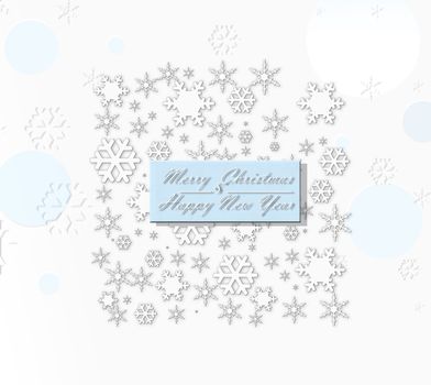 Merry christmas and happy new year silver snowflakes on white background. Elegant Greeting card, invitation, flyer. 3D illustration