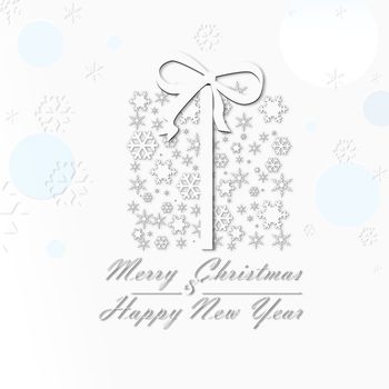 Elegant luxury Christmas background with abstract pastel silver gift box made from snowflakes on white background. Text Merry Christmas and Happy New Year. 3D illustration. Copy space, banner, poster
