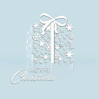 Premium luxury Christmas background for holiday greeting card. White decoration ornament with pattern of winter decoration snowflakes on blue background. Calligraphy Merry Christmas. 3D illustration