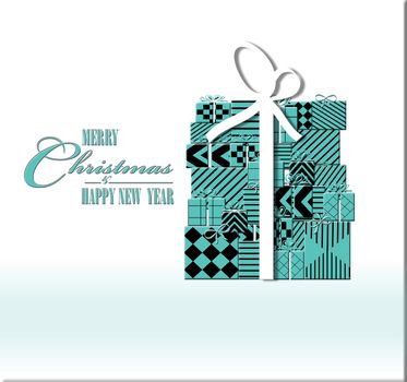 Art deco Merry Christmas card, Christmas present gift boxes and text in pastel trendy chic background in turquoise blue. 3D Illustration