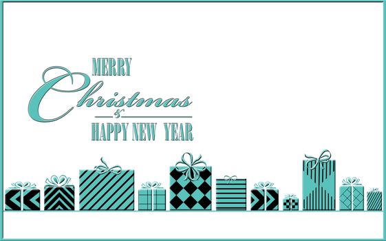 Modern Chic Christmas greeting card. Tiffany blue words Merry Christmas and Happy New Year on white background and wrapped turquoise blue gift boxes with art deco black parttern. 3D Illustration