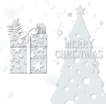 Elegant Christmas background with abstract gift boxes made from light grey snowflakes and Christmas tree on white background. New Year luxury card. 3D illustration. Copy space