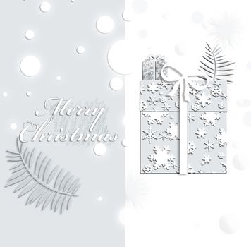 Christmas elegant grey background, presents, snow, palm leaf and text Merry Christmas. 3D Illustration. Poster, New Year greeting card, header, website.