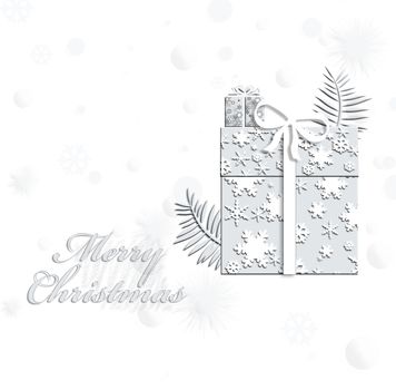 Elegant Christmas background with abstract gift boxes made from light grey snowflakes on white background. New Year luxury card. 3D illustration. Copy space