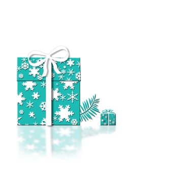 Luxury Christmas New Year greeting card concept. Tiffany blue gift boxes made of snowflakes on white background with reflection. 3D Illustration. copy space