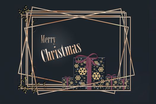 Christmas banner. Background Xmas design of sparkling gold copper frames with gifts boxes, snowflakes. Horizontal christmas poster, greeting cards, headers, website. 3D Illustration