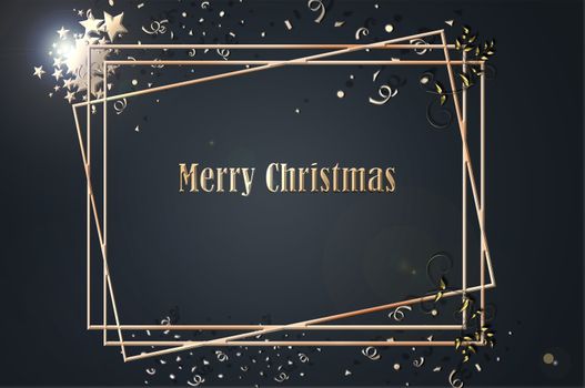 Christmas banner. Background Xmas design of sparkling gold copper frames with stars. Horizontal christmas poster, greeting cards, headers, website. 3D Illustration
