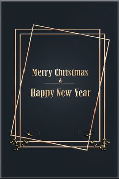 Luxury Christmas card in gold and black colors with frames. Text Merry Christmas and Happy New Year. Illustration, banner, mock up. Black Friday concept