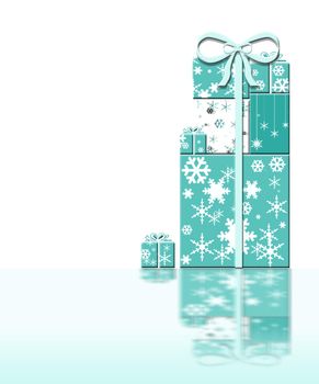 Luxury Christmas New Year greeting card concept. Tiffany blue gift boxes made of snowflakes on white background with reflection. 3D Illustration. copy space