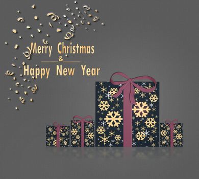 Beautiful Christmas greeting card concept with gold words Merry Christmas and Happy New Year. Abstract wrapped gift boxes with gold snowflakes and on glitter dark reflection background. Illustration