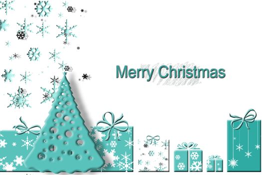 Elegant winter background with abstract turquoise blue gift boxes made from snowflakes, christmas tree and text Merry Christmas on white background. Illustration. Copy space