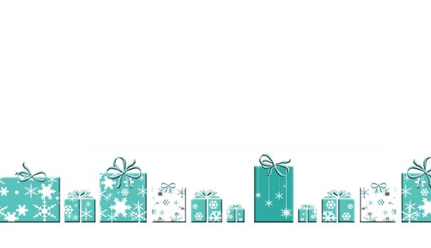 Elegant Christmas background with gift boxes made from snowflakes in turquoise blue pastel color. Illustration. Christmas and New Year seamless card, banner, mock up, copy space