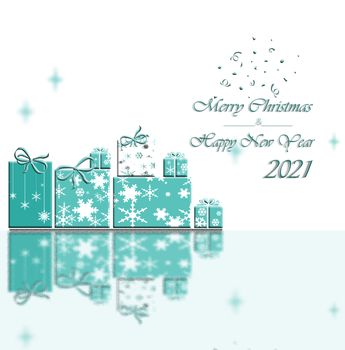 Elegant Christmas background with gift boxes made from snowflakes with reflection. Text Happy New Year 2021 and Merry Christmas in turquoise blue. 3D Illustration