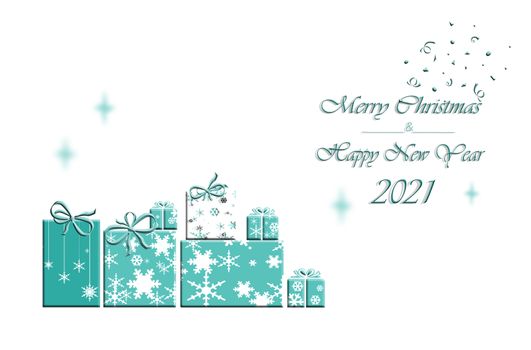 Elegant Christmas New Year 2021 background with gift boxes made from snowflakes. Text Merry Christmas and Happy New Year. 3D Illustration