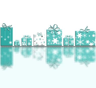 Elegant Christmas background with gift boxes made from snowflakes with reflection. Text Happy New Year 2021 and Merry Christmas in turquoise blue. 3D Illustration