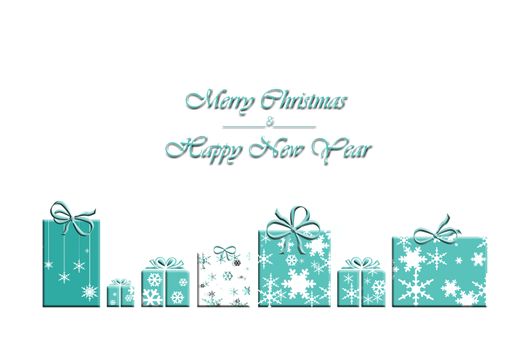 Luxury Christmas New Year greeting card concept. Tiffany blue words Merry Christmas and Happy New Year on white background. Abstract wrapped turquoise blue gift boxes, white snowflakes. Illustration