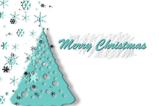 Snowflakes and Christmas tree of turquoise blue colour on white background with text Merry Christmas. Christmas and winter holiday concept. Illustration, Copy space, banner, greeting card