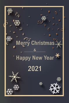 Luxury elegant Merry Christmas and 2021 happy new year poster template flyer with shining silver gold snowflakes on grey 3D background. Snowflake frame and sparkles. Illustration.