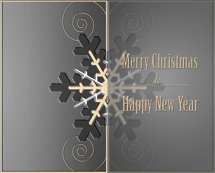 Beautiful dark grey gold snowflakes on grey dramatic background with reflection and text Merry Christmas and Happy New Year. Luxury winter holiday background. Illustration