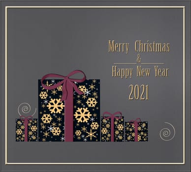 Luxury Christmas greeting card concept with gold words Merry Christmas and 2021 Happy New Year. Abstract wrapped gift box with golden snowflakes. Illustration