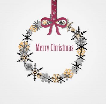 Merry Christmas lettering with golden, black and silver snowflakes in wreath shape. Merry Christmas luxury greeting card. Illustration