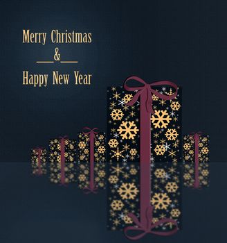 Luxury Christmas greeting card concept with gold words Merry Christmas and Happy New Year. Abstract wrapped gift boxes with golden snowflakes and on reflection of glitter dark background. 3D Illustration