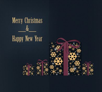 Luxury Christmas greeting card concept with gold words Merry Christmas and Happy New Year. Abstract wrapped gift boxes with golden snowflakes. Illustration