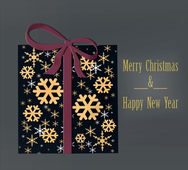 Luxury Christmas greeting card concept with gold words Merry Christmas and Happy New Year. Abstract wrapped gift box with golden snowflakes on dark background. Illustration