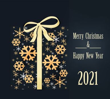 Luxury Christmas greeting card concept with gold words Merry Christmas and 2021 Happy New Year. Abstract wrapped gift box with golden snowflakes on dark background. Illustration