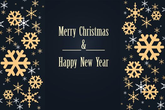 Text Merry Christmas and Happy New Year. Illustration on dark blue dramatic background. Luxury Christmas and New Year background with shining golden snowflakes.