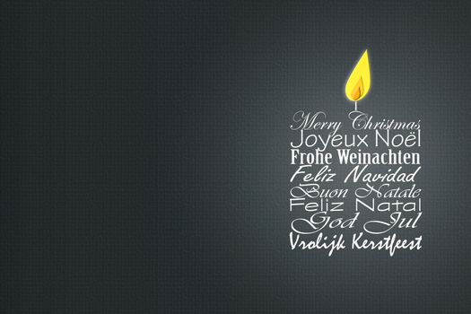 Merry Christmas wishes translation. Luxury International Christmas wishes in multiple languages including English, French, German, Portuguese, Italian, Spanish, Swedish and Dutch shape of candle on grey background.