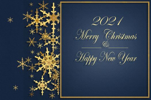 Lettering Merry Christmas and 2021 Happy New Year. Gold snowflakes on magic blue background. Luxury Christmas and elegant 2021 New Year greeting card, banner, mock up, copyspace. Illustration.