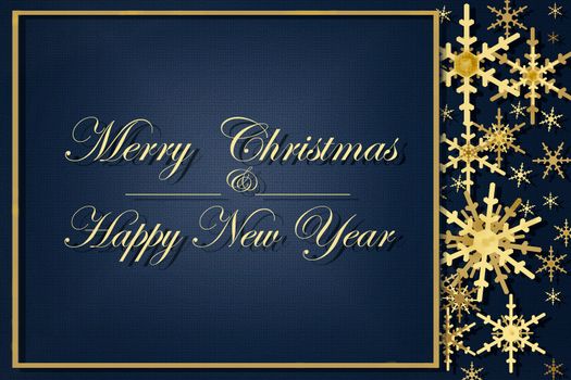 Lettering Merry Christmas and Happy New Year. Gold snowflakes on shiny background. Luxury 2021 Christmas and elegant New Year greeting card, banner, mock up. Illustration.