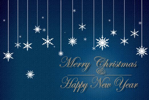 Merry Christmas and Happy New Year text in copper colour and icons of snowflakes in trendy blue background. Christmas, 2021 New Year elegant greeting card, frame, banner.